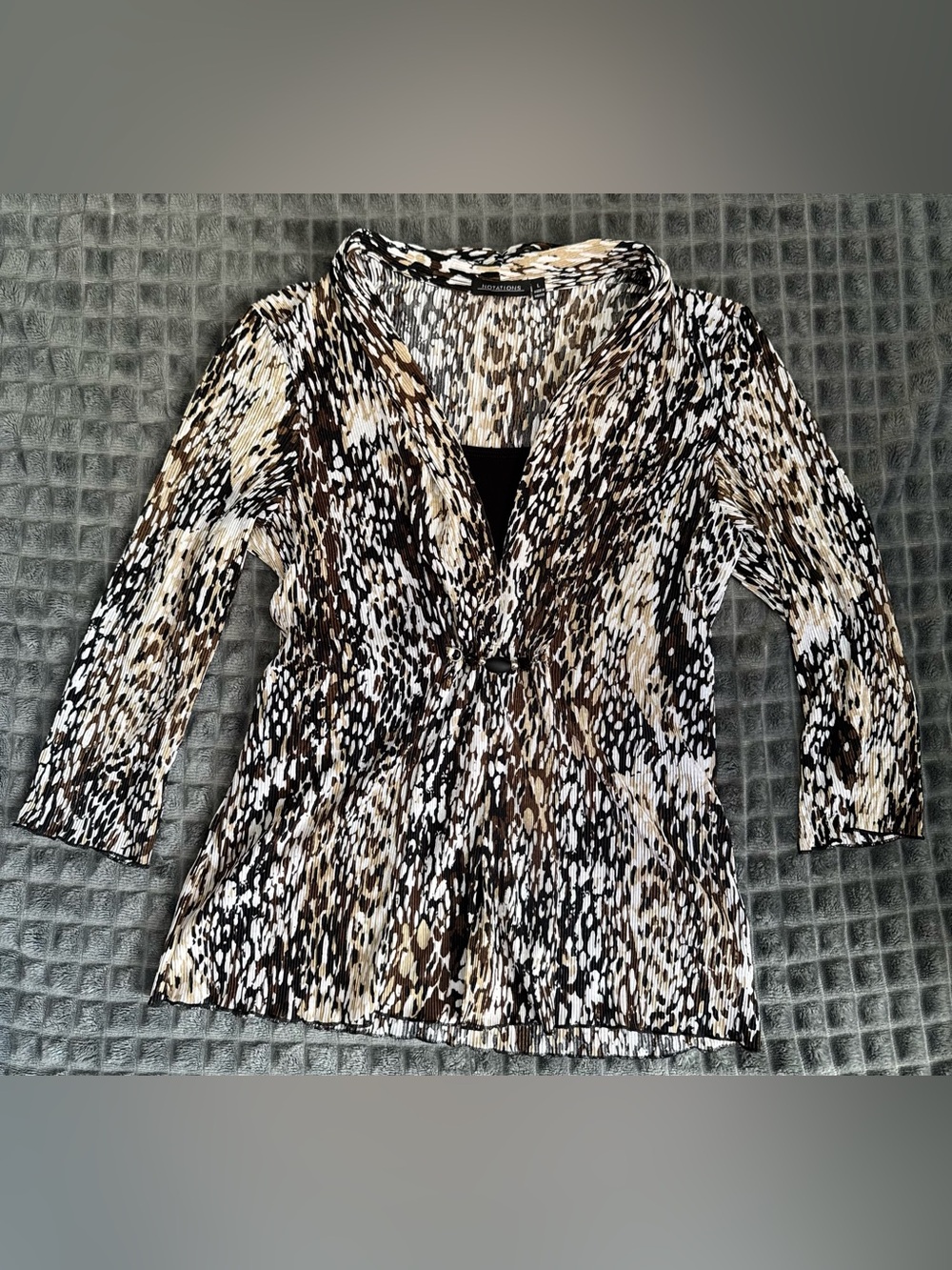 ❤️ Notations L Brown Black Cream Animal Print V-Neck Tunic Blouse Shirt B8